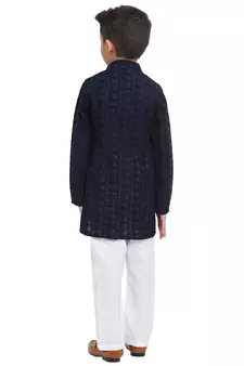 Blue embroidered cotton boys-kurta-pyjama by Treemoda