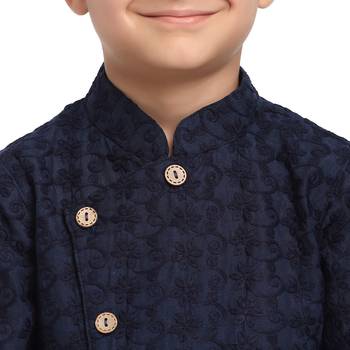 Blue embroidered cotton boys-kurta-pyjama by Treemoda 4