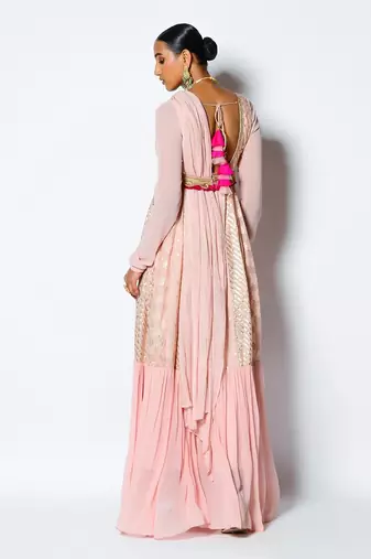 Peach Chanderi Silk And Georgette Woven Dilkash Saree Gown With Belt 