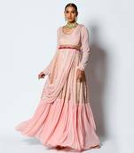 Peach Chanderi Silk And Georgette Woven Dilkash Saree Gown With Belt 