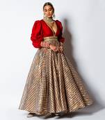 Red Dupion And Chanderi V Neck Malika Anarkali With Belt