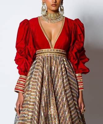 Red Dupion And Chanderi V Neck Malika Anarkali With Belt 2