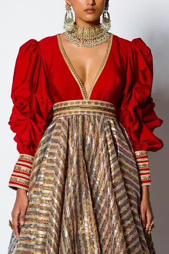 Red Dupion And Chanderi V Neck Malika Anarkali With Belt