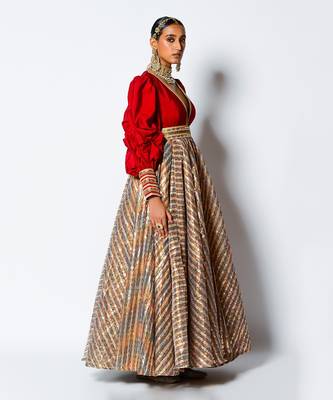 Red Dupion And Chanderi V Neck Malika Anarkali With Belt 3