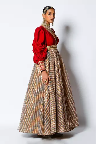 Red Dupion And Chanderi V Neck Malika Anarkali With Belt
