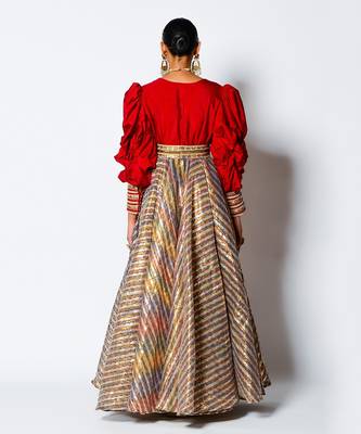 Red Dupion And Chanderi V Neck Malika Anarkali With Belt 4