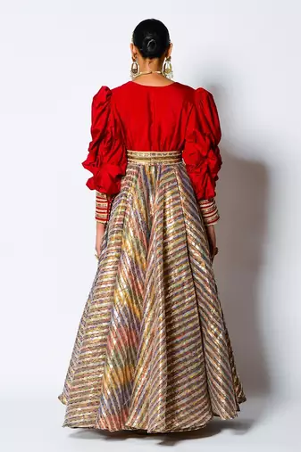 Red Dupion And Chanderi V Neck Malika Anarkali With Belt