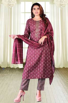 Light Maroon Colour Muslin Embroidered With Mill Printed Designer Suits 1