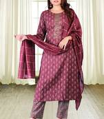 Light Maroon Colour Muslin Embroidered With Mill Printed Designer Suits