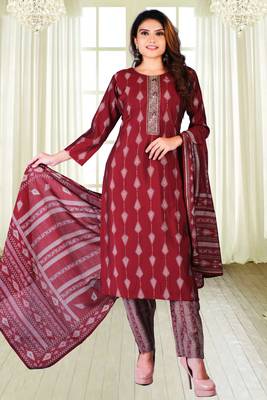 Red Colour Muslin Embroidered With Mill Printed Designer Suits 1