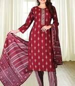 Red Colour Muslin Embroidered With Mill Printed Designer Suits