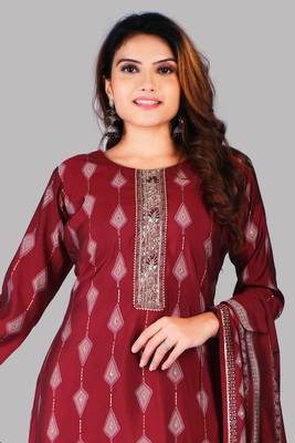 Red Colour Muslin Embroidered With Mill Printed Designer Suits 3