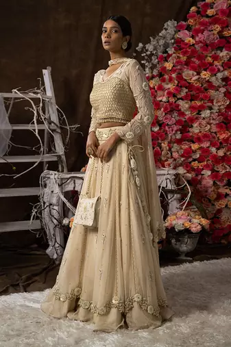ivory champagne embroidered lehenga Set