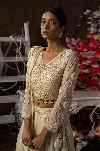 ivory champagne embroidered lehenga Set