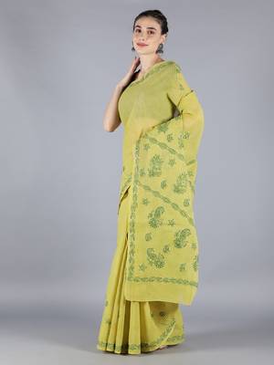 Green embroidered cotton saree with blouse 1