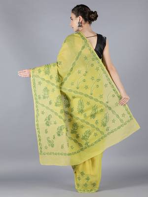 Green embroidered cotton saree with blouse 2