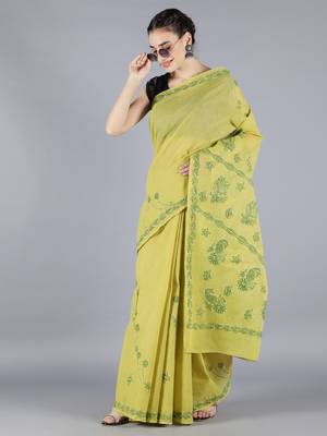 Green embroidered cotton saree with blouse 3