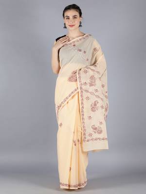 Fawn embroidered cotton saree with blouse 1