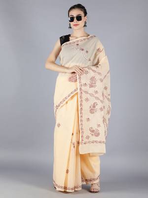 Fawn embroidered cotton saree with blouse 3