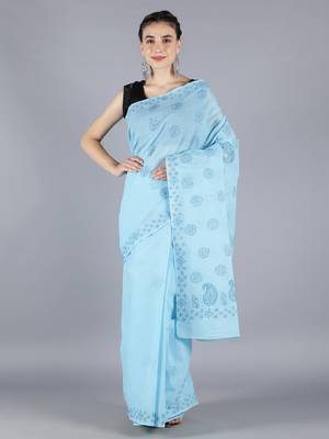 Blue embroidered cotton saree with blouse 1