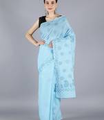 Blue embroidered cotton saree with blouse