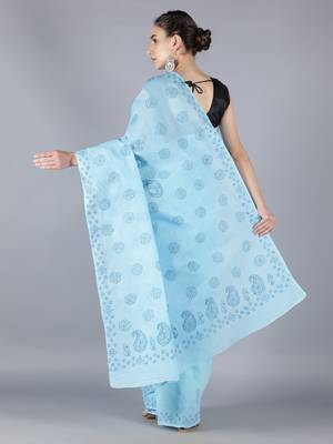 Blue embroidered cotton saree with blouse 2