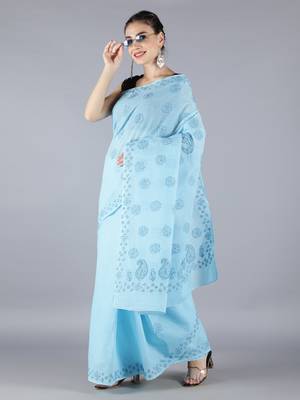 Blue embroidered cotton saree with blouse 3