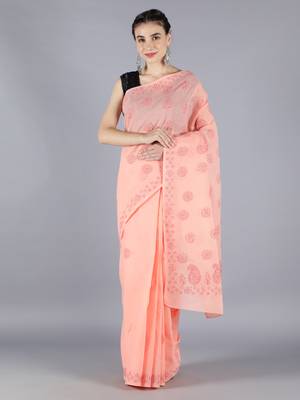 Peach embroidered cotton saree with blouse 1