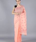 Peach embroidered cotton saree with blouse