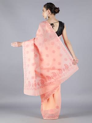 Peach embroidered cotton saree with blouse 2