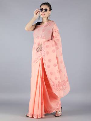 Peach embroidered cotton saree with blouse 3