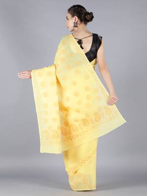 Yellow embroidered cotton saree with blouse 2