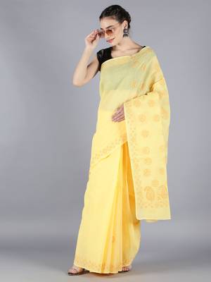 Yellow embroidered cotton saree with blouse 3