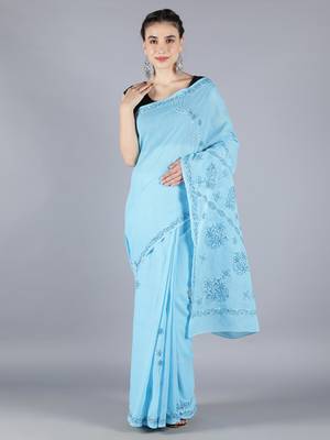 Blue embroidered cotton saree with blouse 1