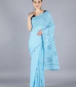 Blue embroidered cotton saree with blouse