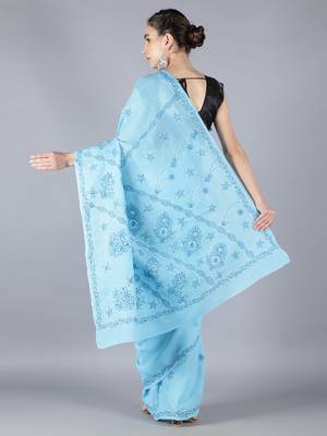 Blue embroidered cotton saree with blouse 2