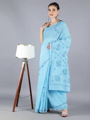 Blue embroidered cotton saree with blouse 3