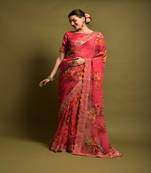 Aarshi Pink Pure Chiffon FLoral Print  Designer Bengali Saree