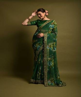 Aarshi Green Pure Chiffon FLoral Print  Designer Bengali Saree 1