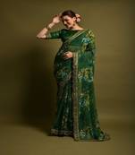 Aarshi Green Pure Chiffon FLoral Print  Designer Bengali Saree