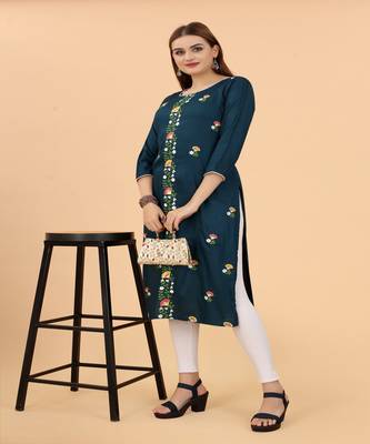 Ferozi Multi color embroidery Muslin A-Line with piping kurti 3