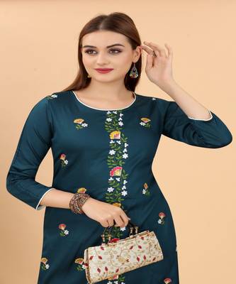 Ferozi Multi color embroidery Muslin A-Line with piping kurti 4