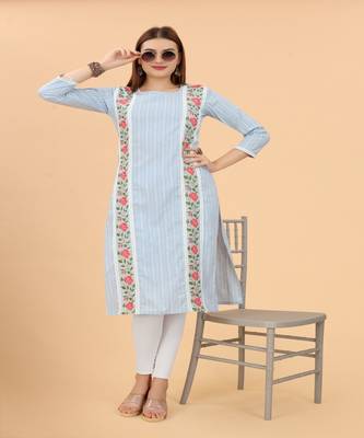 Sky Blue Embroidery Lace Cotton A-Line Kurti 1