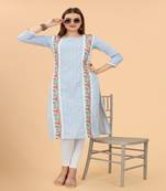 Sky Blue Embroidery Lace Cotton A-Line Kurti