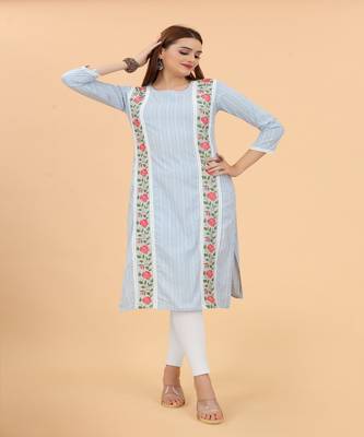 Sky Blue Embroidery Lace Cotton A-Line Kurti 2