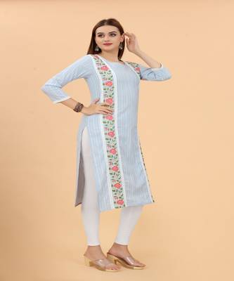 Sky Blue Embroidery Lace Cotton A-Line Kurti 3