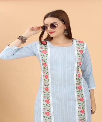 Sky Blue Embroidery Lace Cotton A-Line Kurti 4