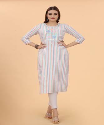 Multi color flower mirror work cotton A-Line Kurti 1