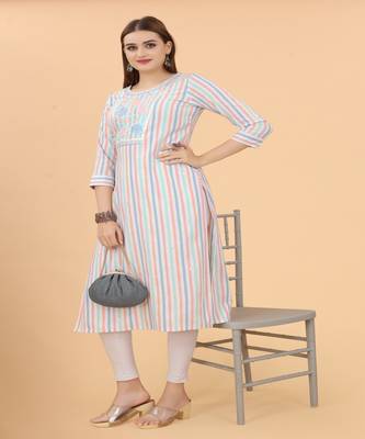 Multi color flower mirror work cotton A-Line Kurti 3