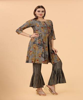 Growish Dusty Grey Foli Print Viscose Designer Kurta Set 1